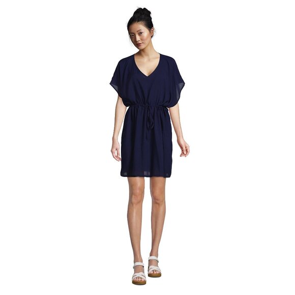 Lands End Women's M-L Deep Sea Navy Sheer Short Sleeve Gathered Waist Swim Dress - Picture 3 of 10